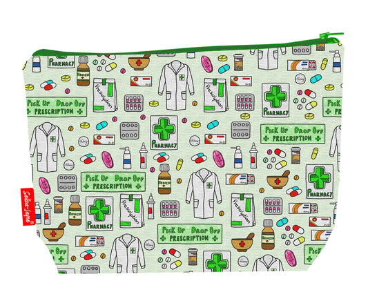 Pharmacist toiletry bag with pharmacy professional design showing washable lining and zip closure