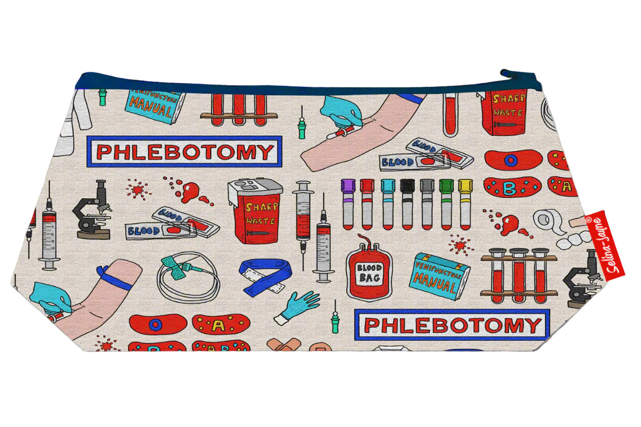 Phlebotomist cosmetic bag by Selina-Jayne featuring vibrant phlebotomy professional graphics, colour-coordinated zipper, and compact 17.5cm design