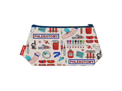 Phlebotomist cosmetic bag by Selina-Jayne featuring vibrant phlebotomy professional graphics, colour-coordinated zipper, and compact 17.5cm design