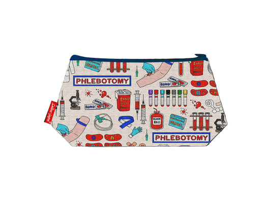 Phlebotomist cosmetic bag by Selina-Jayne featuring vibrant phlebotomy professional graphics, colour-coordinated zipper, and compact 17.5cm design