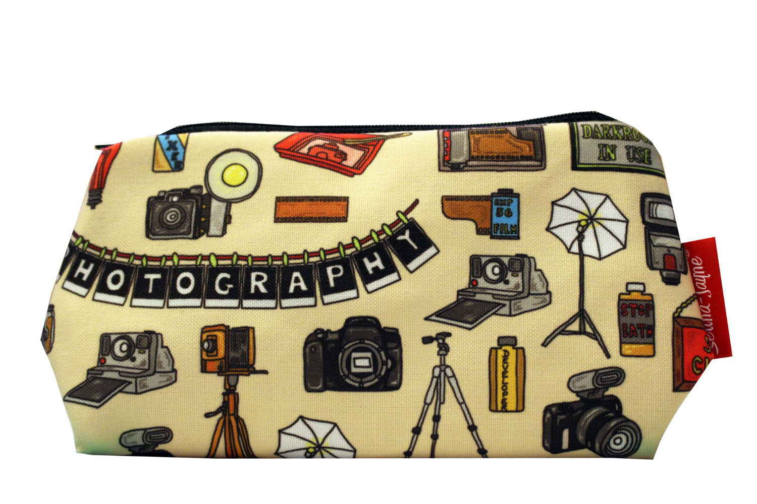 Photographer cosmetic bag by Selina-Jayne featuring vibrant camera and photography graphics, colour-coordinated zipper, and compact 17.5cm design