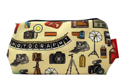 Photographer cosmetic bag by Selina-Jayne featuring vibrant camera and photography graphics, colour-coordinated zipper, and compact 17.5cm design