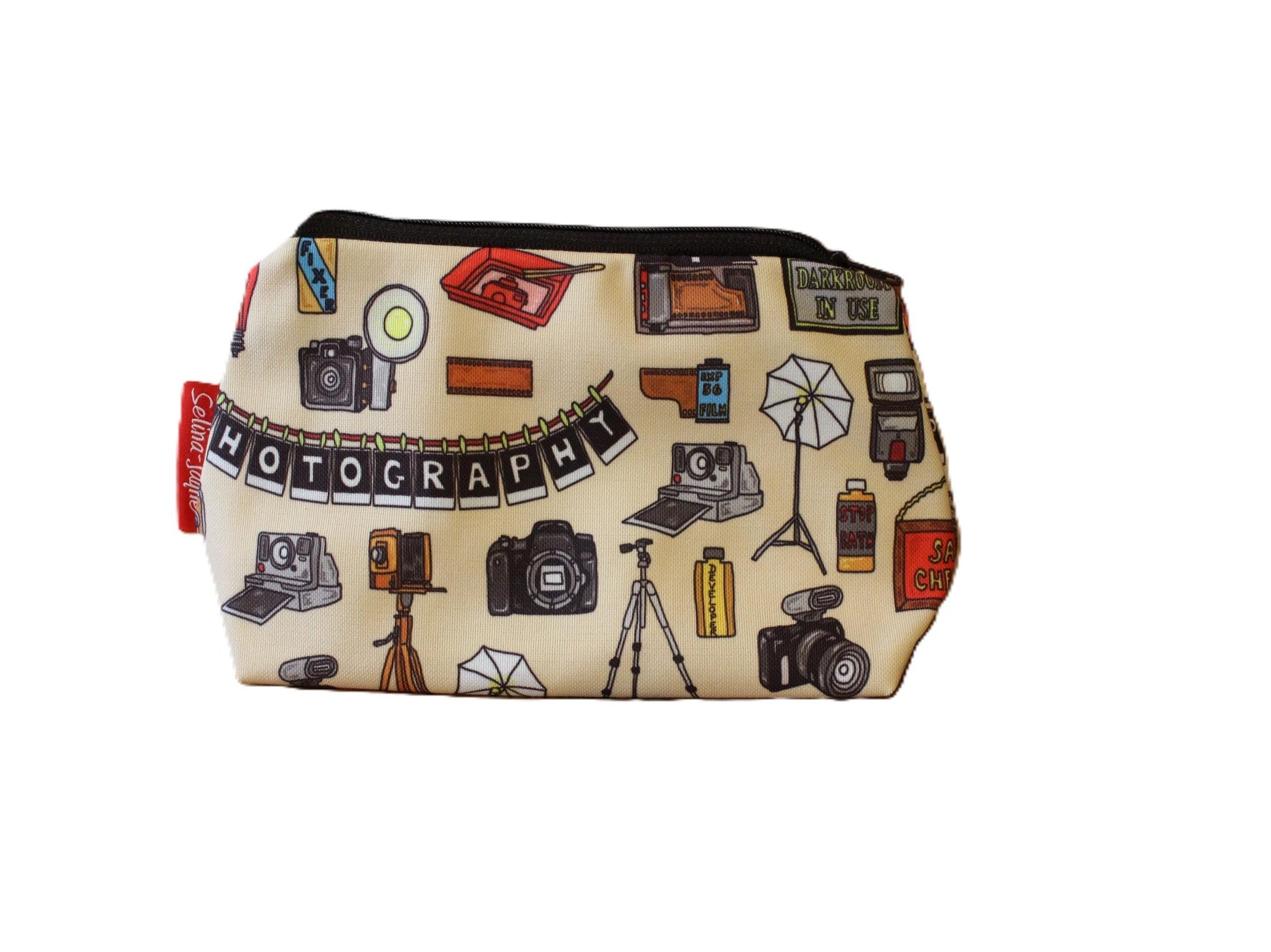 Photographer cosmetic bag by Selina-Jayne featuring vibrant camera and photography graphics, colour-coordinated zipper, and compact 17.5cm design