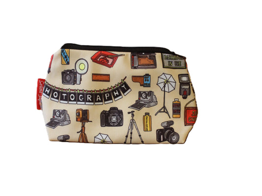 Photographer cosmetic bag by Selina-Jayne featuring vibrant camera and photography graphics, colour-coordinated zipper, and compact 17.5cm design