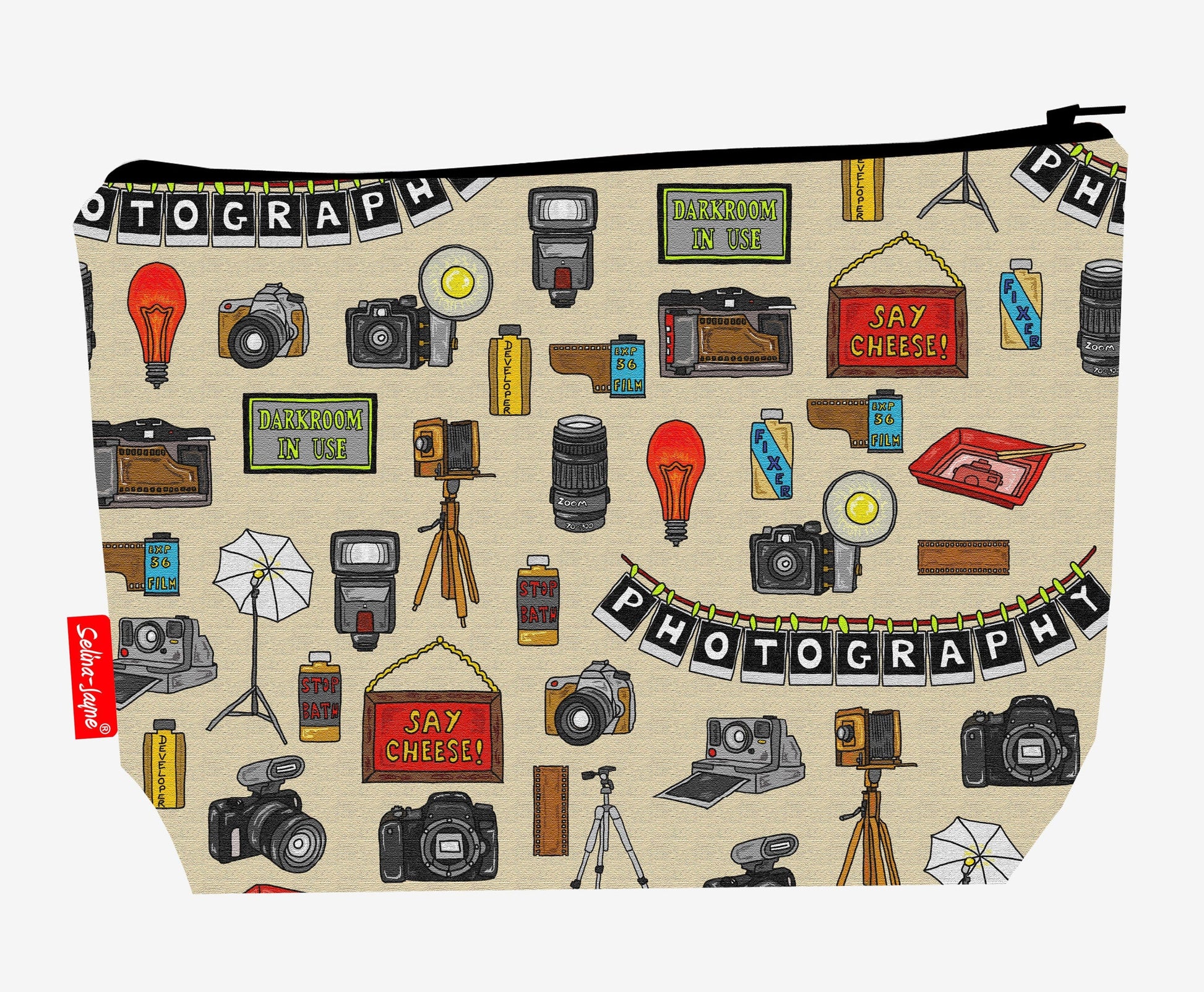Photographer toiletry bag with camera professional design showing washable lining and zip closure