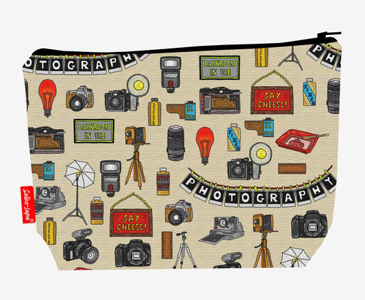Photographer toiletry bag with camera professional design showing washable lining and zip closure