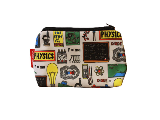 Physics cosmetic bag by Selina-Jayne featuring vibrant scientific formula graphics, colour-coordinated zipper, and compact 17.5cm design