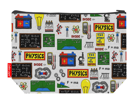 Physics toiletry bag with science teacher design showing washable lining and zip closure