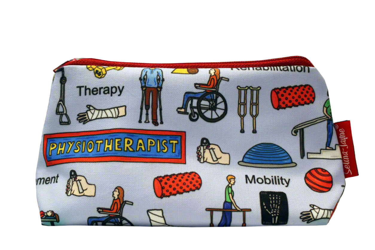 Physiotherapist cosmetic bag by Selina-Jayne featuring vibrant physiotherapy professional graphics, colour-coordinated zipper, and compact 17.5cm design