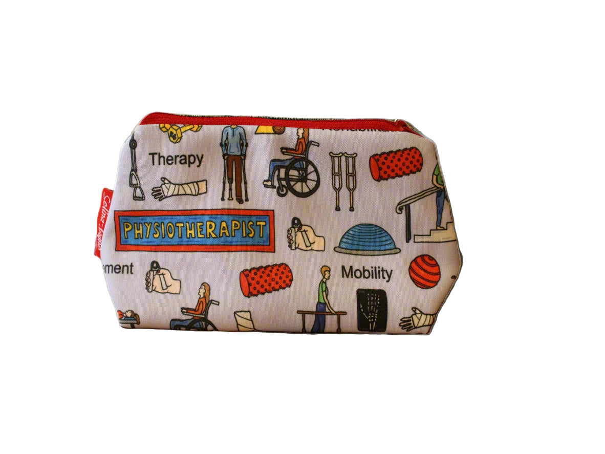 Physiotherapist cosmetic bag by Selina-Jayne featuring vibrant physiotherapy professional graphics, colour-coordinated zipper, and compact 17.5cm design