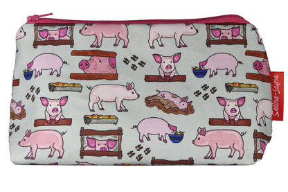 Pigs cosmetic bag by Selina-Jayne featuring vibrant farm animal graphics, colour-coordinated zipper, and compact 17.5cm design