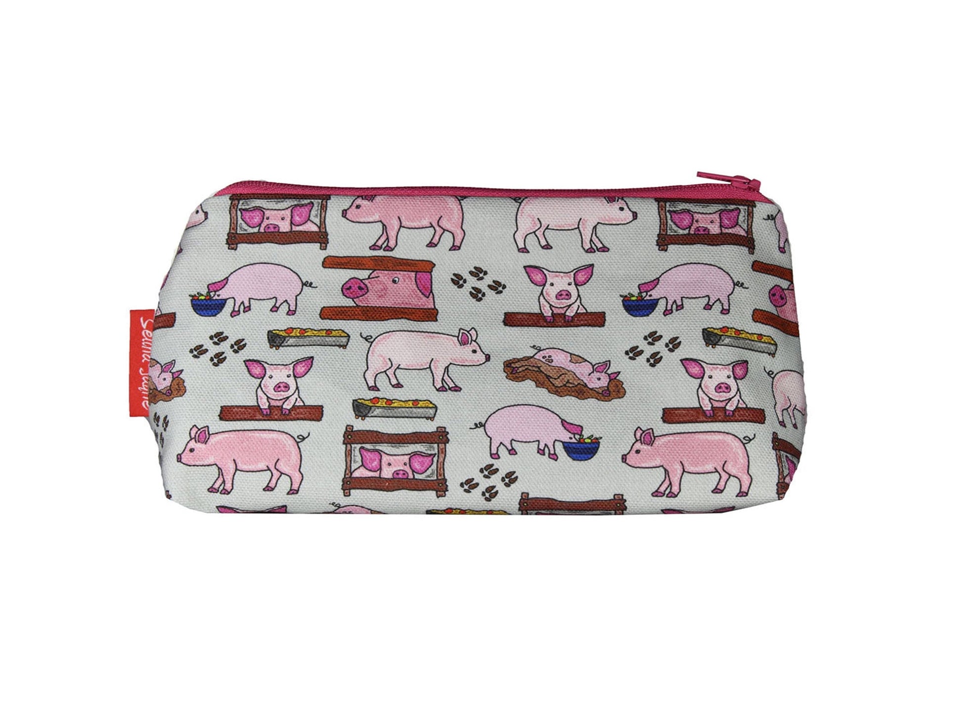 Pigs cosmetic bag by Selina-Jayne featuring vibrant farm animal graphics, colour-coordinated zipper, and compact 17.5cm design