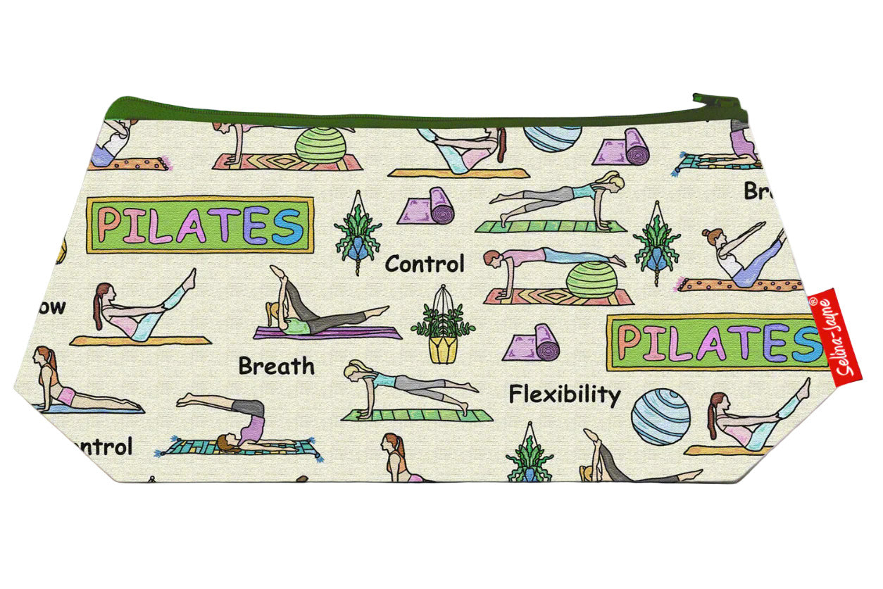 Pilates cosmetic bag by Selina-Jayne featuring vibrant fitness and wellness graphics, colour-coordinated zipper, and compact 17.5cm design