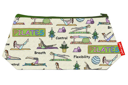 Pilates cosmetic bag by Selina-Jayne featuring vibrant fitness and wellness graphics, colour-coordinated zipper, and compact 17.5cm design