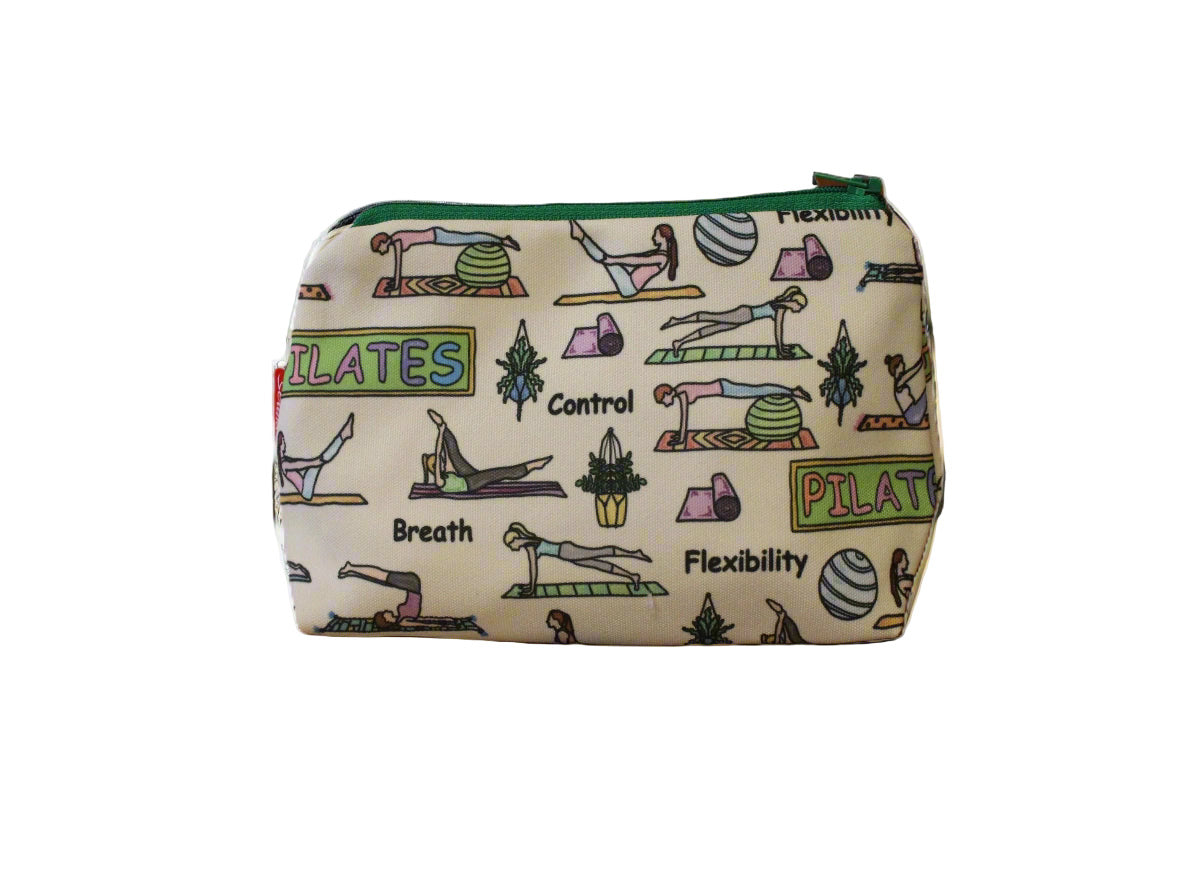 Pilates cosmetic bag by Selina-Jayne featuring vibrant fitness and wellness graphics, colour-coordinated zipper, and compact 17.5cm design
