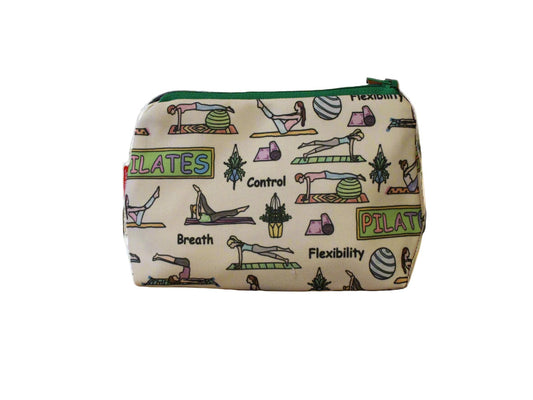 Pilates cosmetic bag by Selina-Jayne featuring vibrant fitness and wellness graphics, colour-coordinated zipper, and compact 17.5cm design