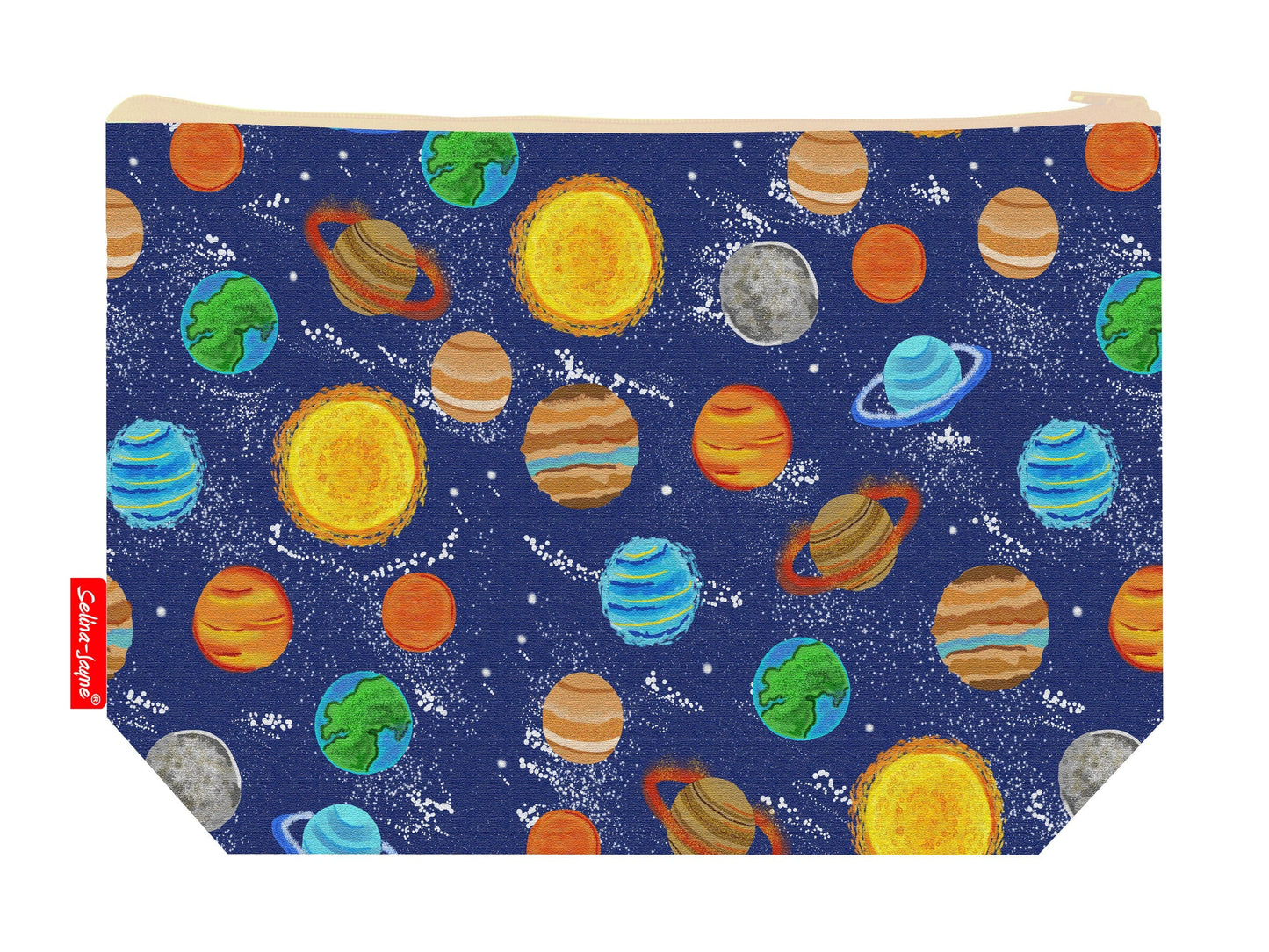 Planets toiletry bag showing vibrant solar system design with washable lining and coordinated zip