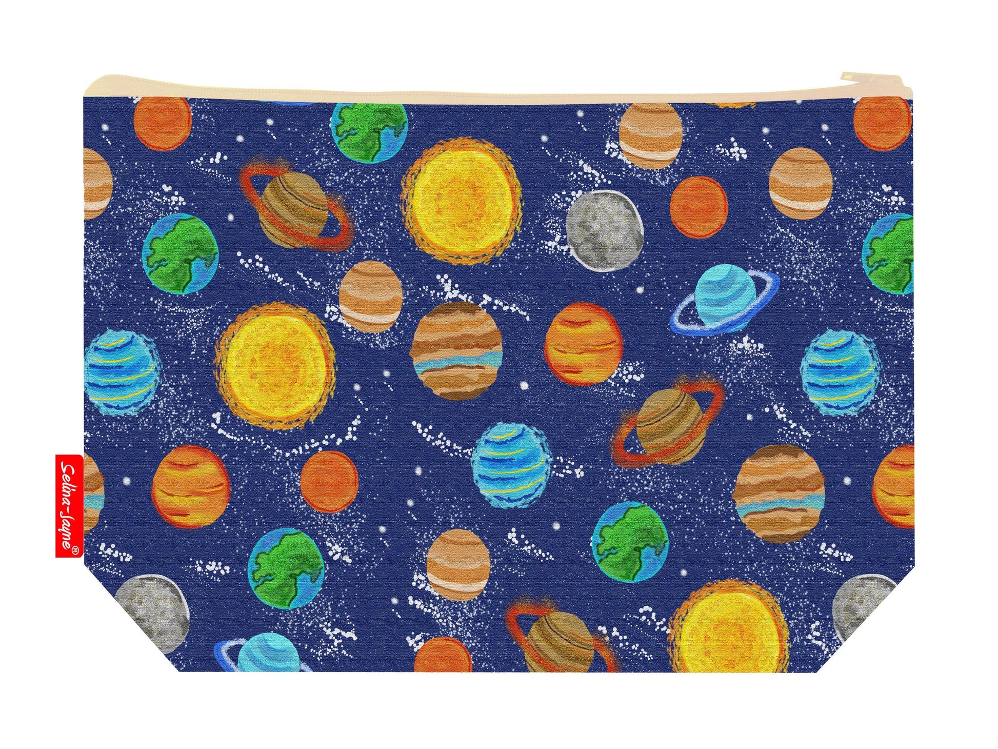 Planets toiletry bag showing vibrant solar system design with washable lining and coordinated zip
