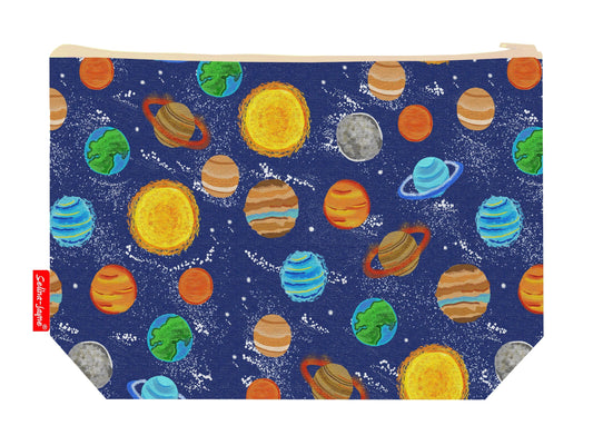 Planets toiletry bag showing vibrant solar system design with washable lining and coordinated zip