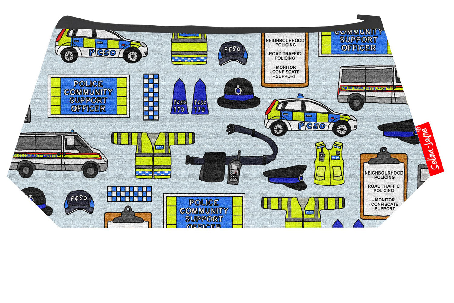 Police Community Support Officer cosmetic bag by Selina-Jayne featuring vibrant PCSO graphics, colour-coordinated zipper, and compact 17.5cm design