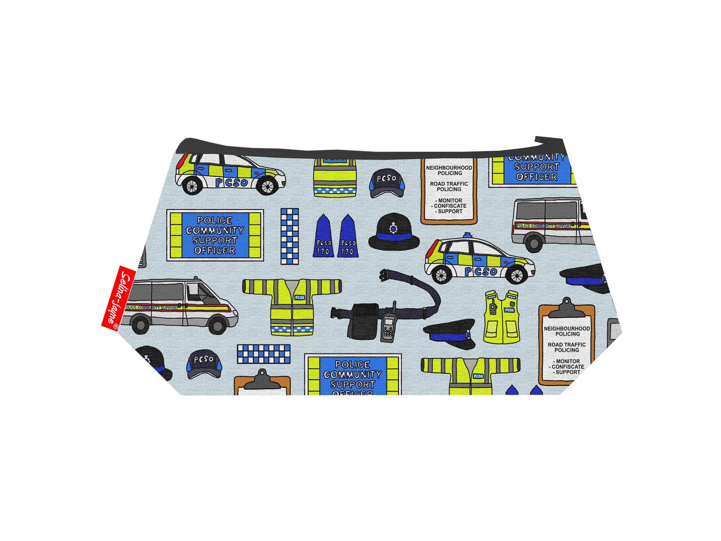 Police Community Support Officer cosmetic bag by Selina-Jayne featuring vibrant PCSO graphics, colour-coordinated zipper, and compact 17.5cm design