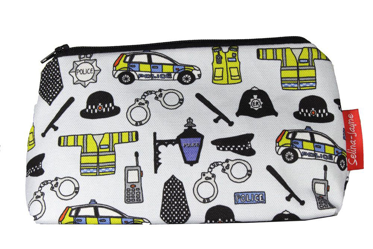 Police cosmetic bag by Selina-Jayne featuring vibrant law enforcement graphics, colour-coordinated zipper, and compact 17.5cm design