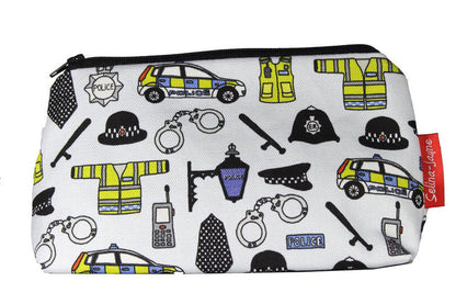 Police cosmetic bag by Selina-Jayne featuring vibrant law enforcement graphics, colour-coordinated zipper, and compact 17.5cm design