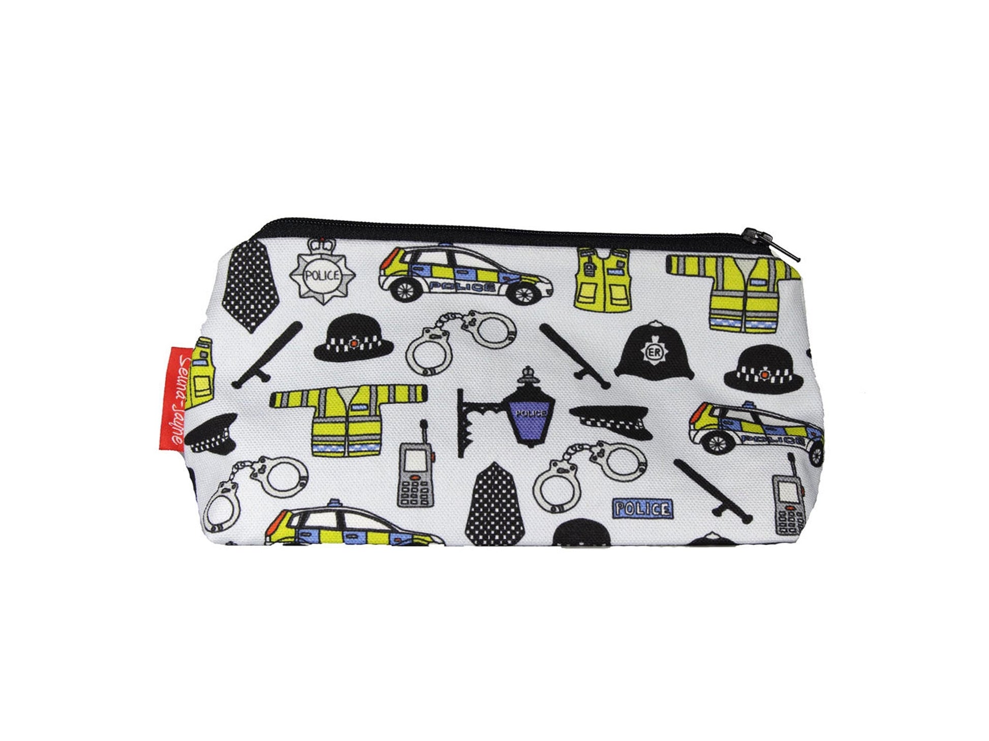 Police cosmetic bag by Selina-Jayne featuring vibrant law enforcement graphics, colour-coordinated zipper, and compact 17.5cm design