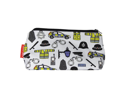 Police cosmetic bag by Selina-Jayne featuring vibrant law enforcement graphics, colour-coordinated zipper, and compact 17.5cm design