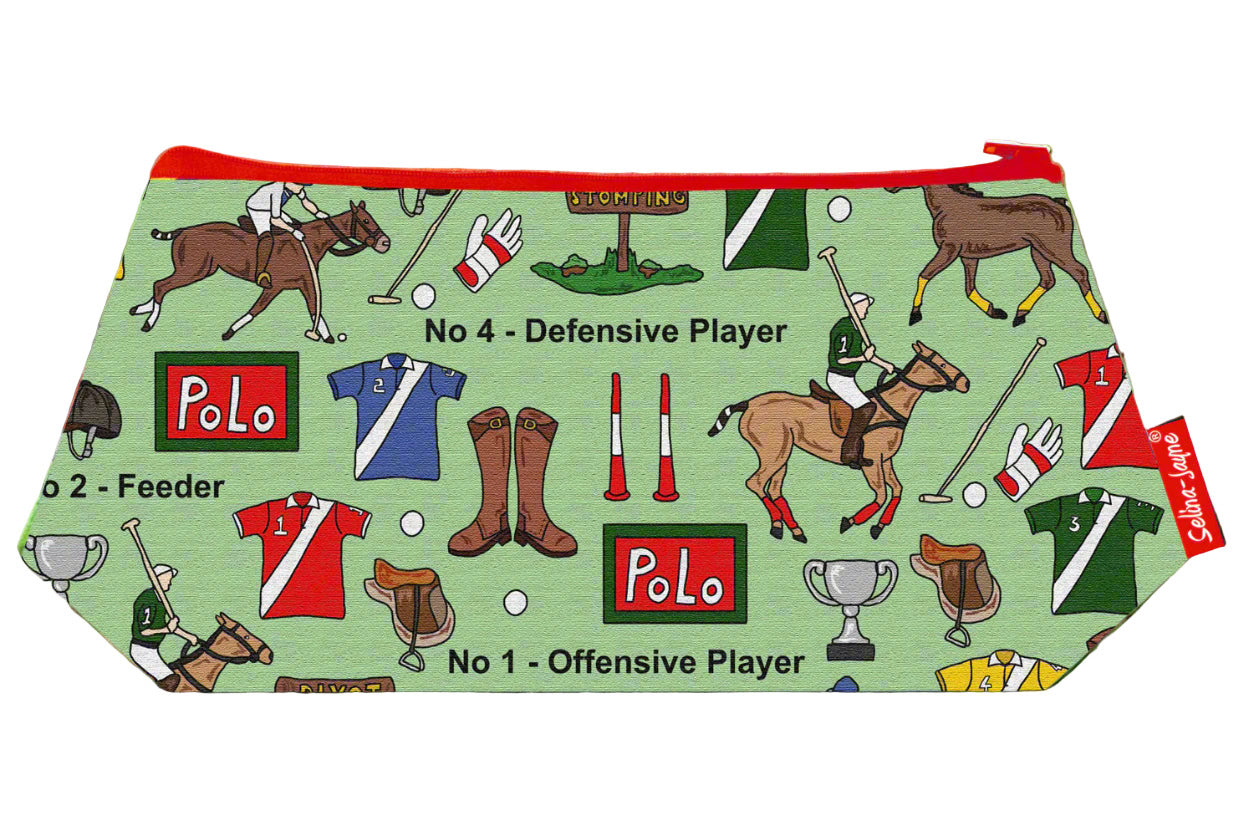 Polo cosmetic bag by Selina-Jayne featuring vibrant equestrian sports graphics, colour-coordinated zipper, and compact 17.5cm design