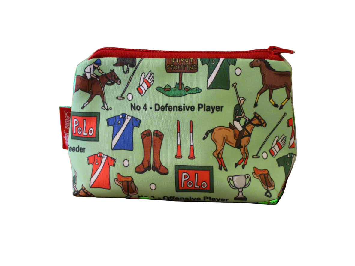 Polo cosmetic bag by Selina-Jayne featuring vibrant equestrian sports graphics, colour-coordinated zipper, and compact 17.5cm design