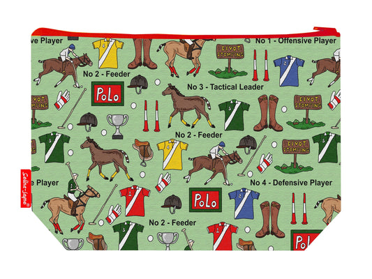 Polo toiletry bag showing dynamic equestrian sport design with washable lining and coordinated zip