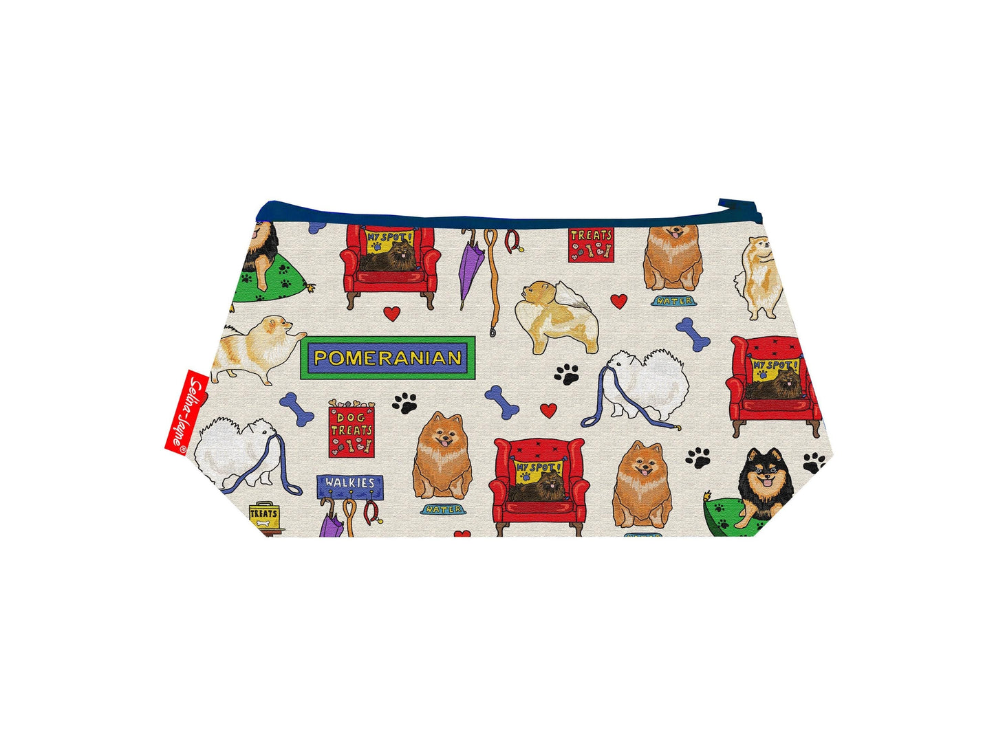 Pomeranian Dog cosmetic bag by Selina-Jayne featuring vibrant fluffy toy breed graphics, colour-coordinated zipper, and compact 17.5cm design