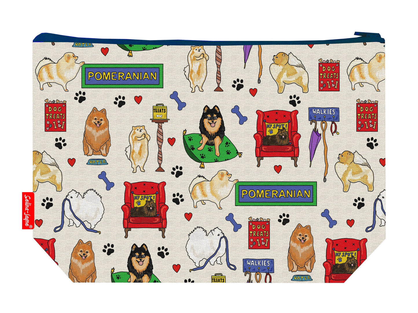 Pomeranian dog toiletry bag showing adorable fluffy dog breed design with washable lining and coordinated zip