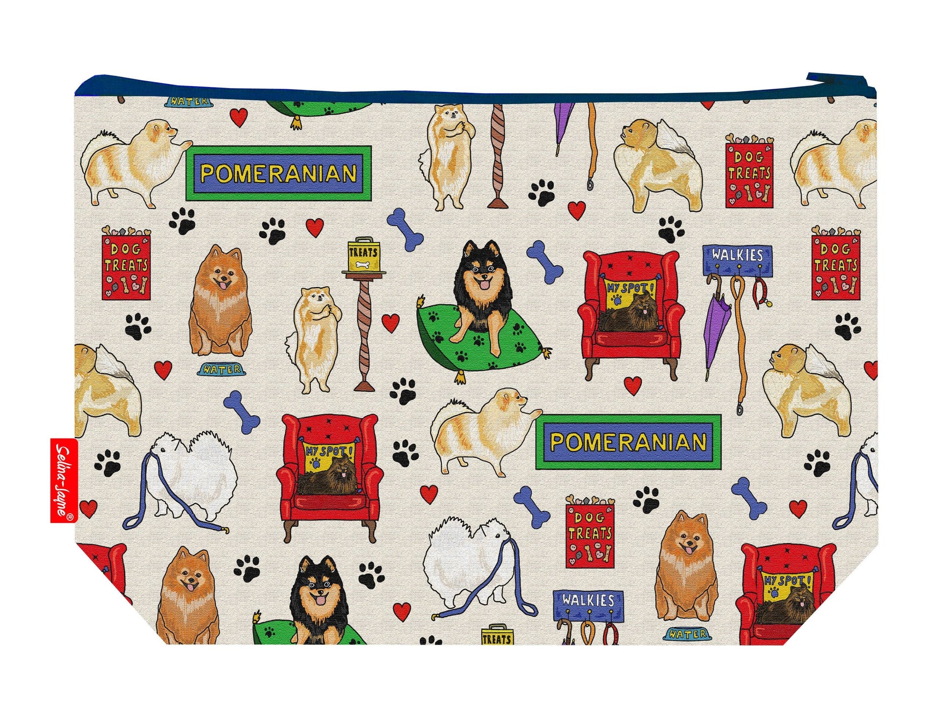 Pomeranian dog toiletry bag showing adorable fluffy dog breed design with washable lining and coordinated zip