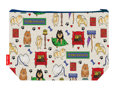 Pomeranian dog toiletry bag showing adorable fluffy dog breed design with washable lining and coordinated zip