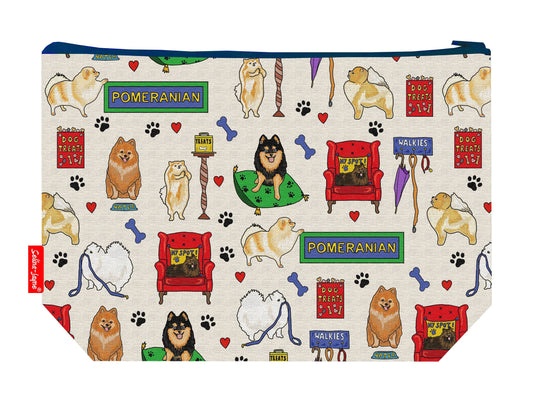Pomeranian dog toiletry bag showing adorable fluffy dog breed design with washable lining and coordinated zip