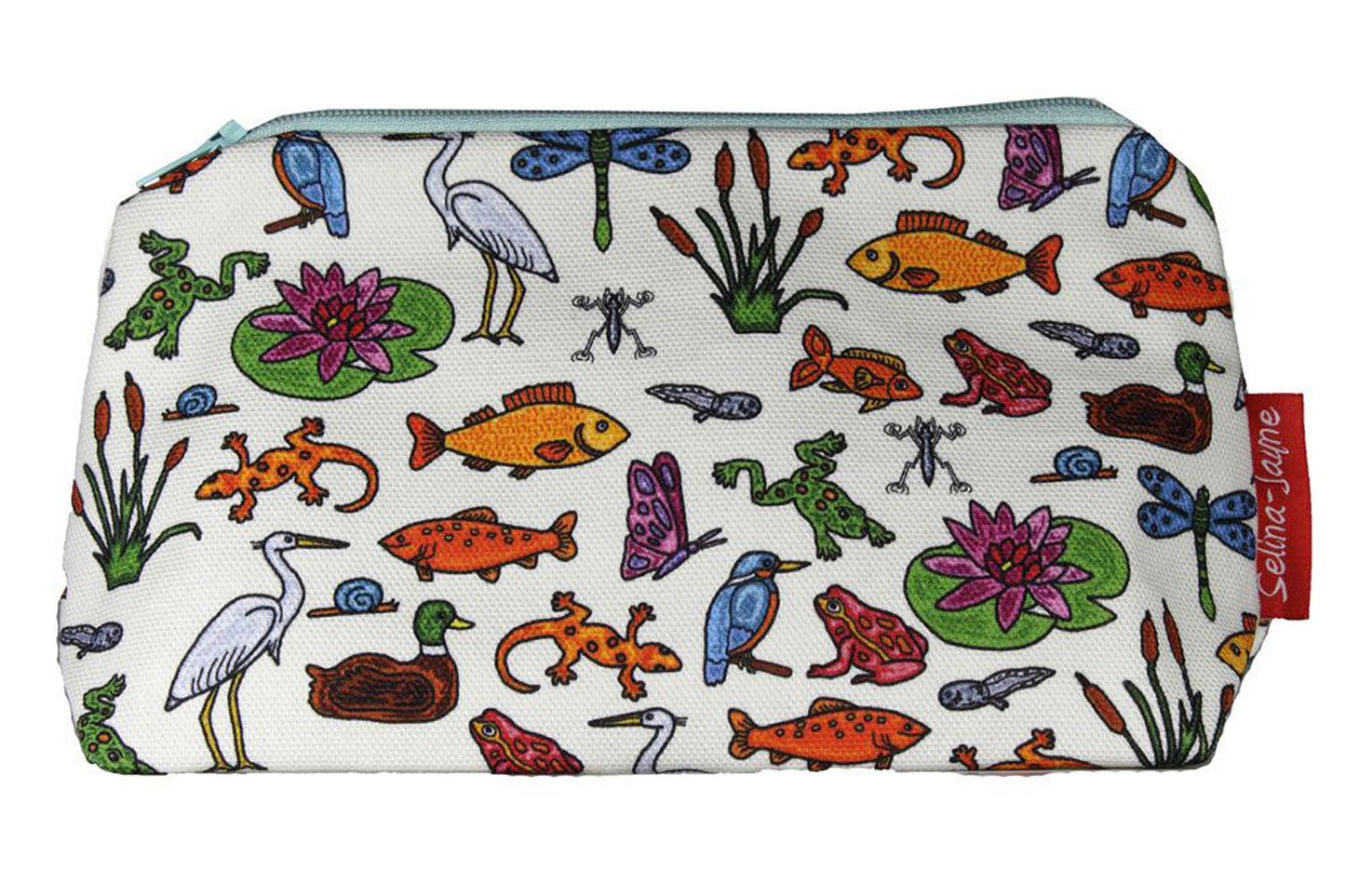 Pond Life cosmetic bag by Selina-Jayne featuring vibrant aquatic ecosystem graphics, colour-coordinated zipper, and compact 17.5cm design