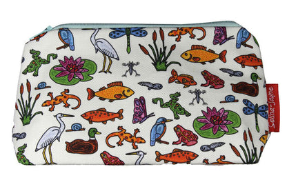 Pond Life cosmetic bag by Selina-Jayne featuring vibrant aquatic ecosystem graphics, colour-coordinated zipper, and compact 17.5cm design