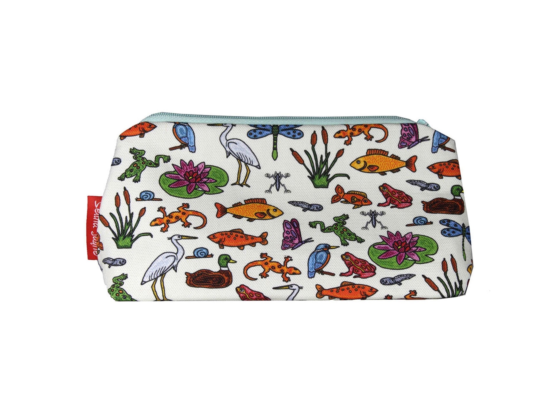 Pond Life cosmetic bag by Selina-Jayne featuring vibrant aquatic ecosystem graphics, colour-coordinated zipper, and compact 17.5cm design