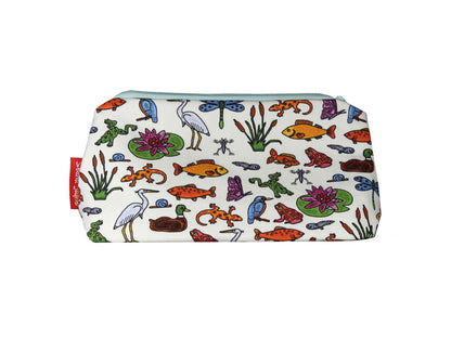 Pond Life cosmetic bag by Selina-Jayne featuring vibrant aquatic ecosystem graphics, colour-coordinated zipper, and compact 17.5cm design