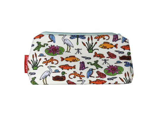 Pond Life cosmetic bag by Selina-Jayne featuring vibrant aquatic ecosystem graphics, colour-coordinated zipper, and compact 17.5cm design