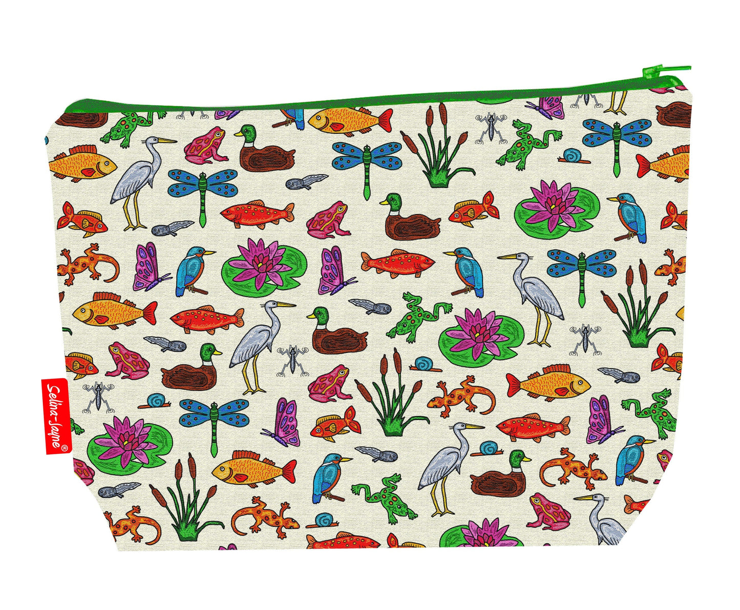Pond life toiletry bag showing charming aquatic wildlife design with washable lining and coordinated zip