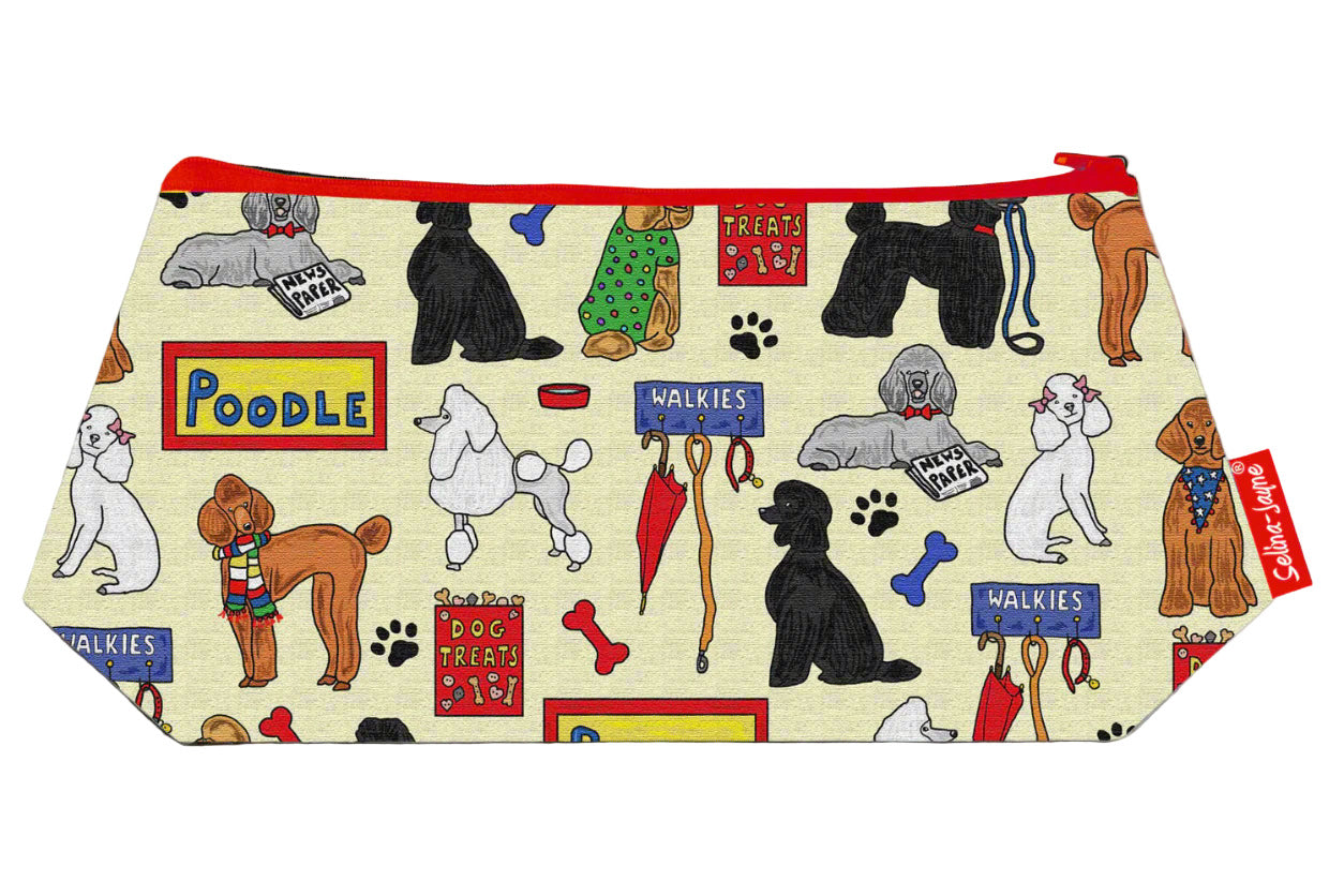 Poodle cosmetic bag by Selina-Jayne featuring vibrant curly-coated dog graphics, colour-coordinated zipper, and compact 17.5cm design