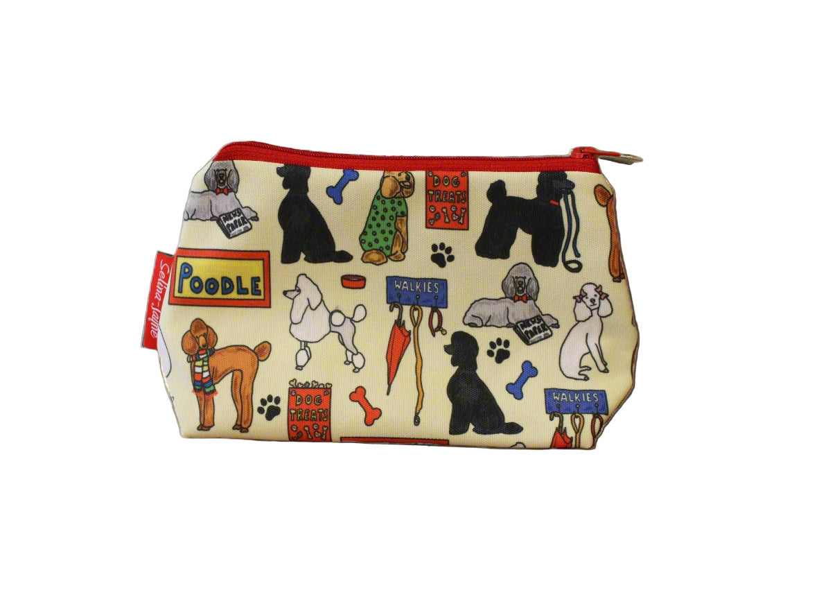 Poodle cosmetic bag by Selina-Jayne featuring vibrant curly-coated dog graphics, colour-coordinated zipper, and compact 17.5cm design