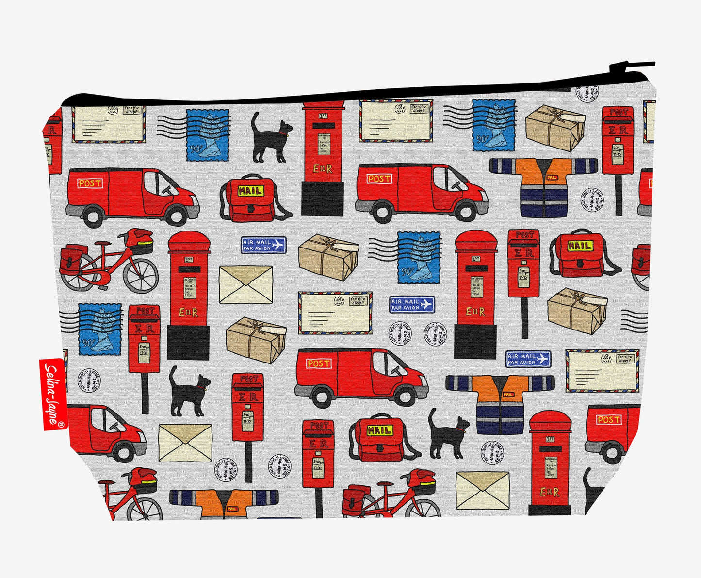 Postman toiletry bag showing cheerful postal worker design with washable lining and coordinated zip
