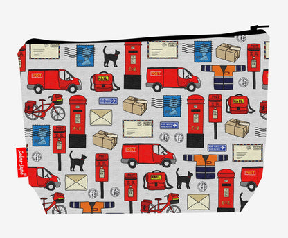 Postman toiletry bag showing cheerful postal worker design with washable lining and coordinated zip