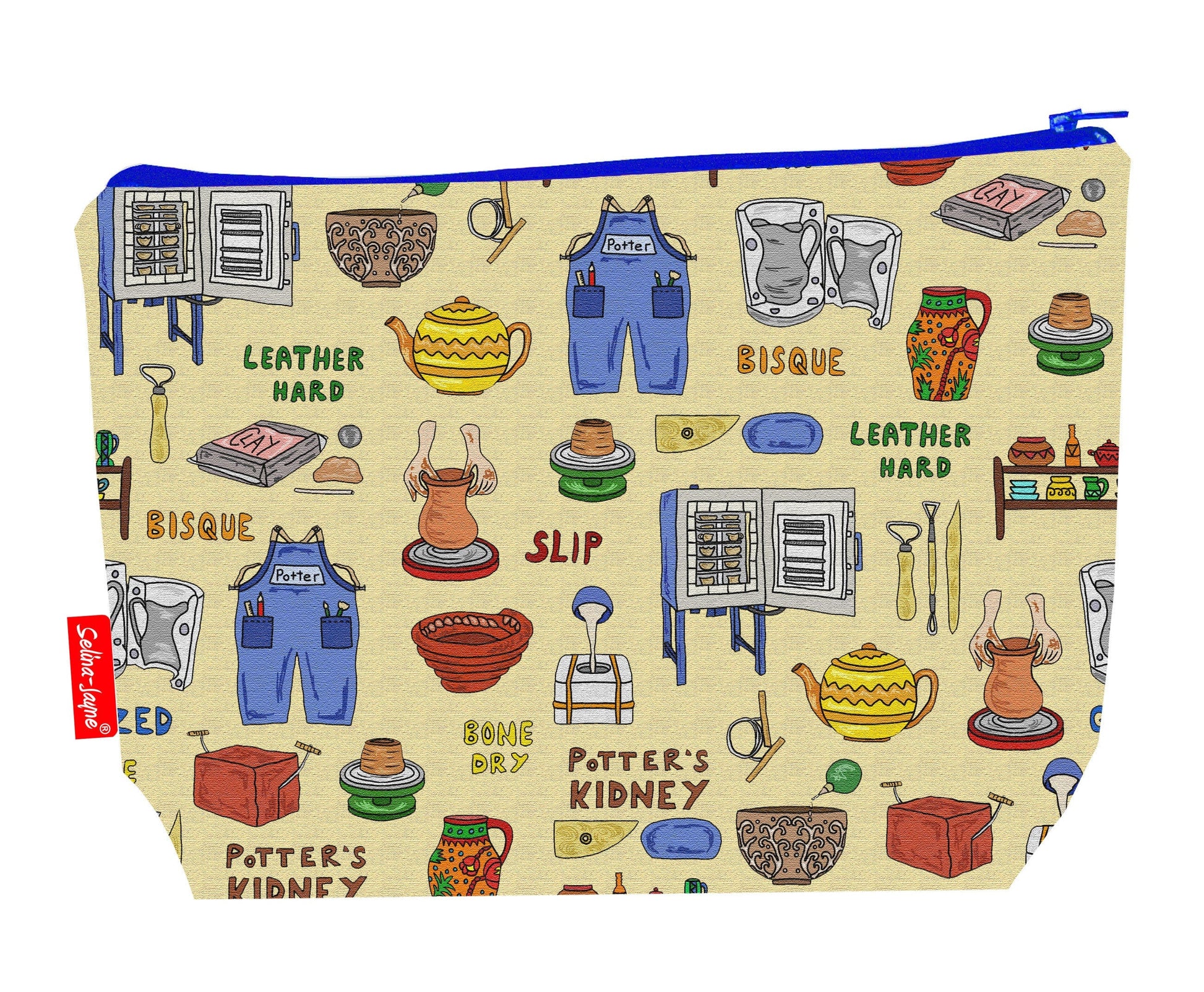 Potter ceramicist toiletry bag showing creative pottery and ceramics design with washable lining and coordinated zip