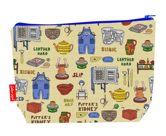 Potter ceramicist toiletry bag showing creative pottery and ceramics design with washable lining and coordinated zip