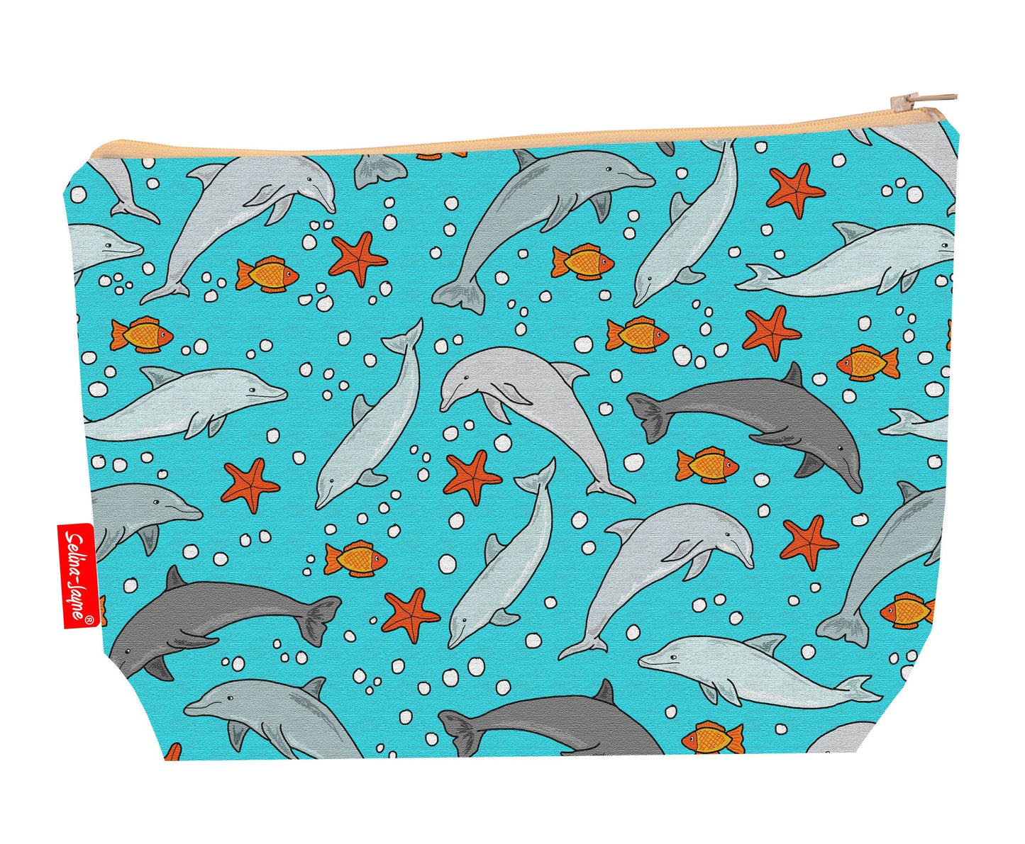 Premium dolphins toiletry bag with vibrant HD print and washable lining by Selina-Jayne